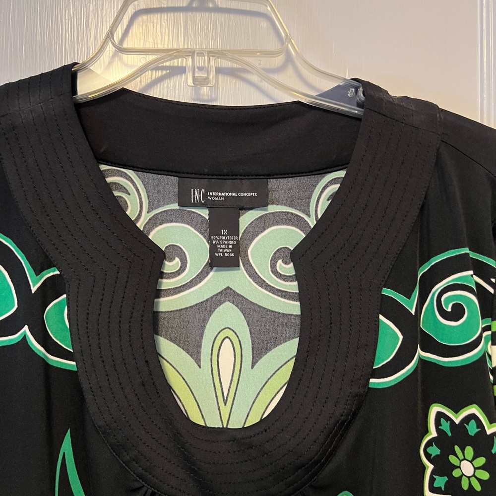 INC International Concepts Green Black Retro Dress 1X Scoop Neck 3/4 Sleeve - Picture 10 of 10
